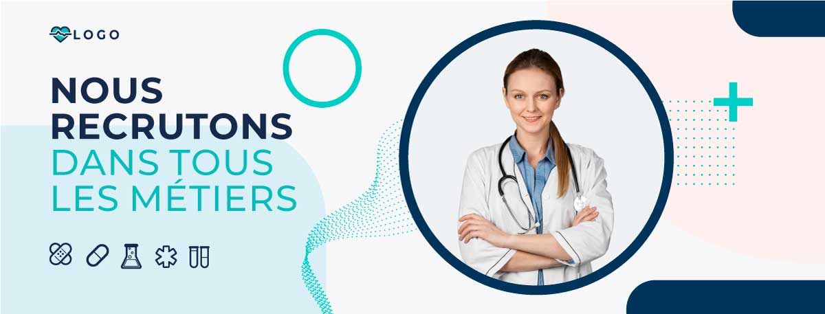 Bannière avec médecin et texte : nous recrutons dans tous les métiers
